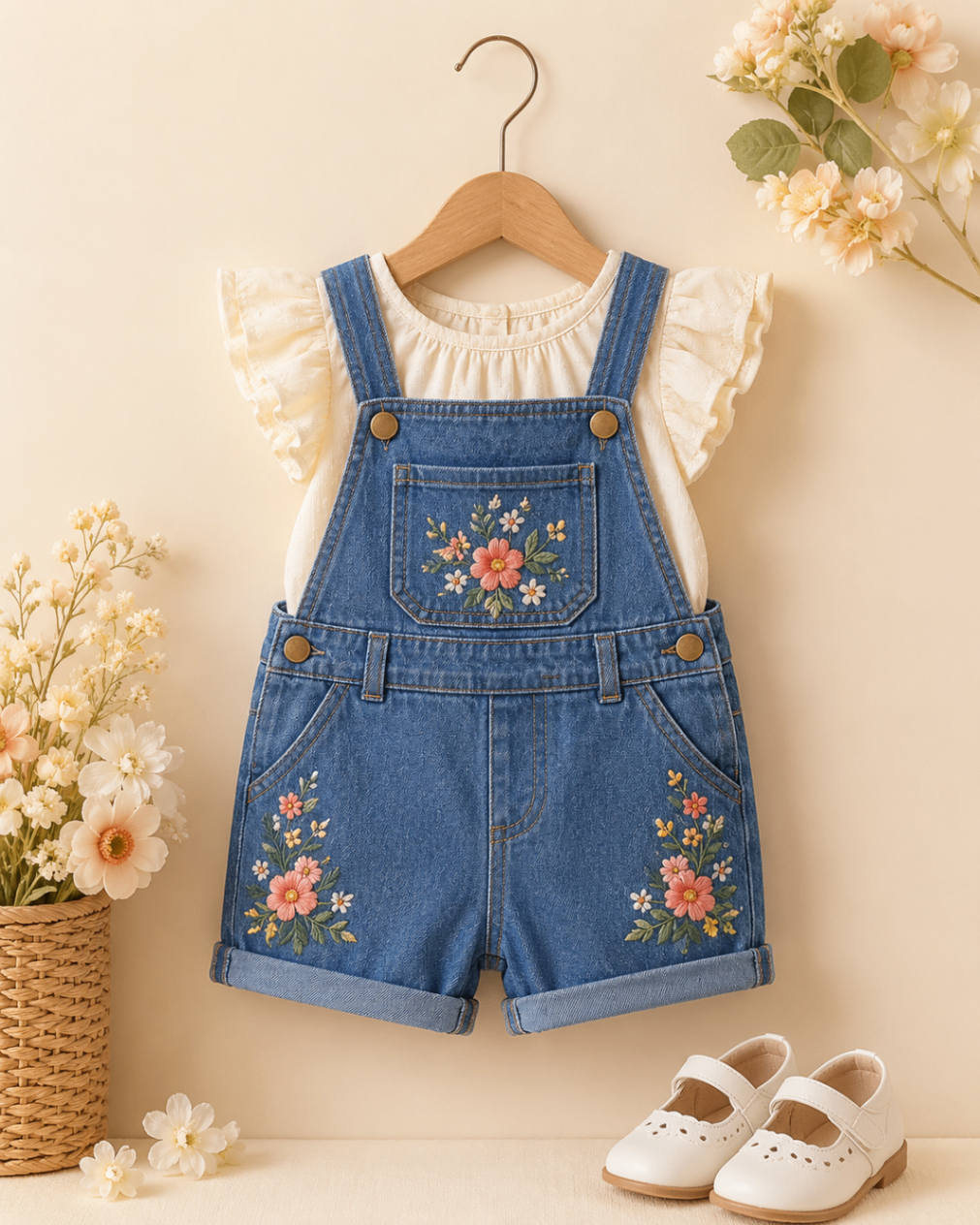 Floral Denim Overall Set